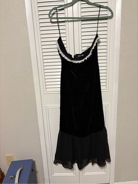 Reformation Black Velvet Midi Slip Dress with White Ruffle Trim